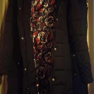 Betsy Johnson black coat with hood and belt. Very warm, cute.